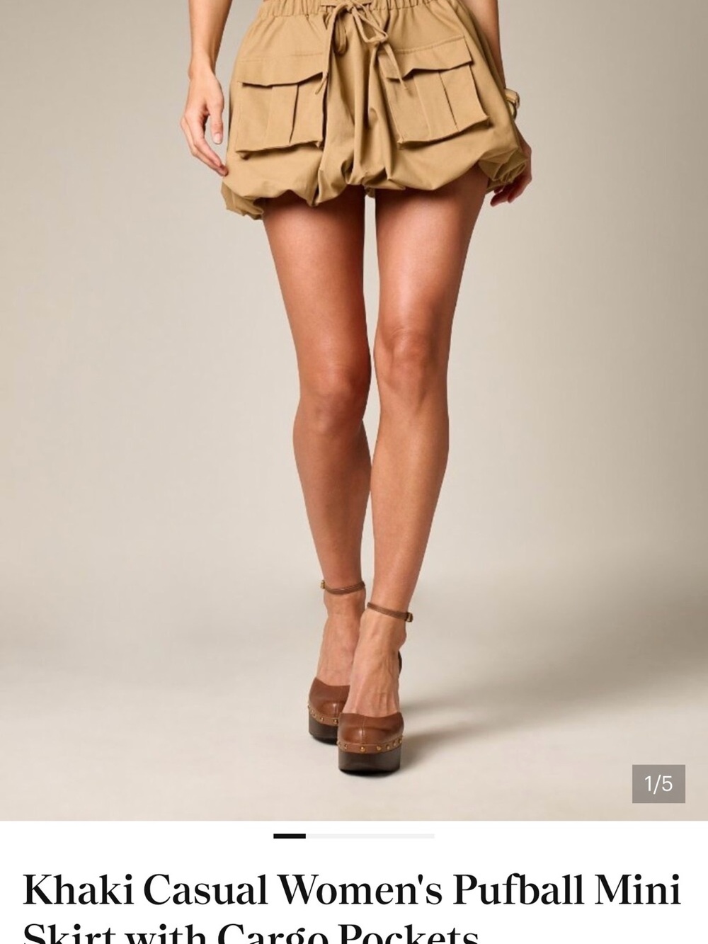 Khaki Casual Women's Pufball Mini Skirt with Cargo Pockets